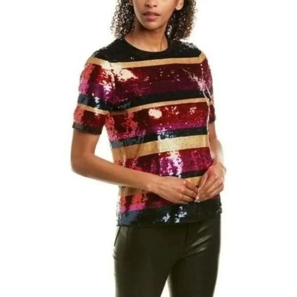 Trina Turk Gin Fizz Sequin Stripe Short Sleeve Blouse XS - Picture 2 of 7